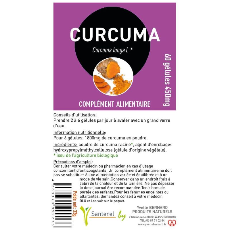 Curcuma Bio 450mg | 60 Gélules Poudre | Santerel