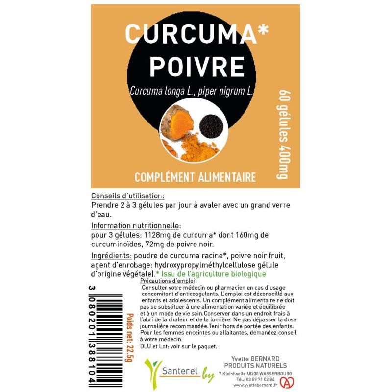 Curcuma Poivre Bio 400mg | 60 Gélules | Santerel