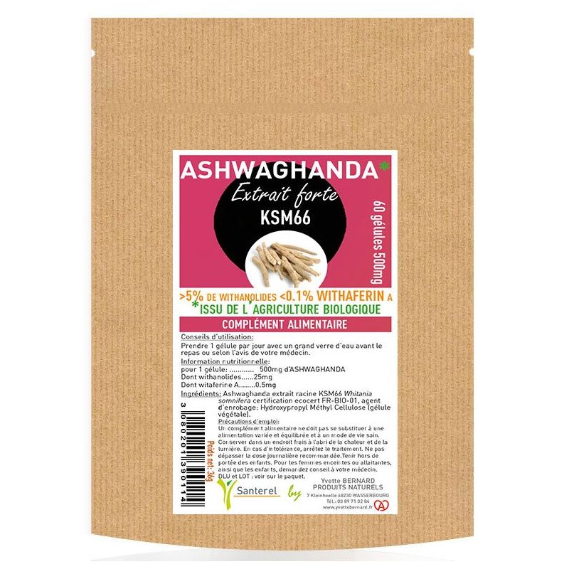 ASHWAGHANDA* extra forte KSM66- 60 gelules 500mg - *Issu de l'agriculture biologique - SANTEREL