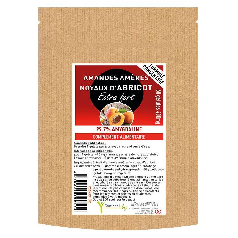 AMANDE AMERE DE NOYAU D'ABRICOT Extra fort - 99.7% AMYGDALINE - 60 GELULES 400MG- SANTEREL