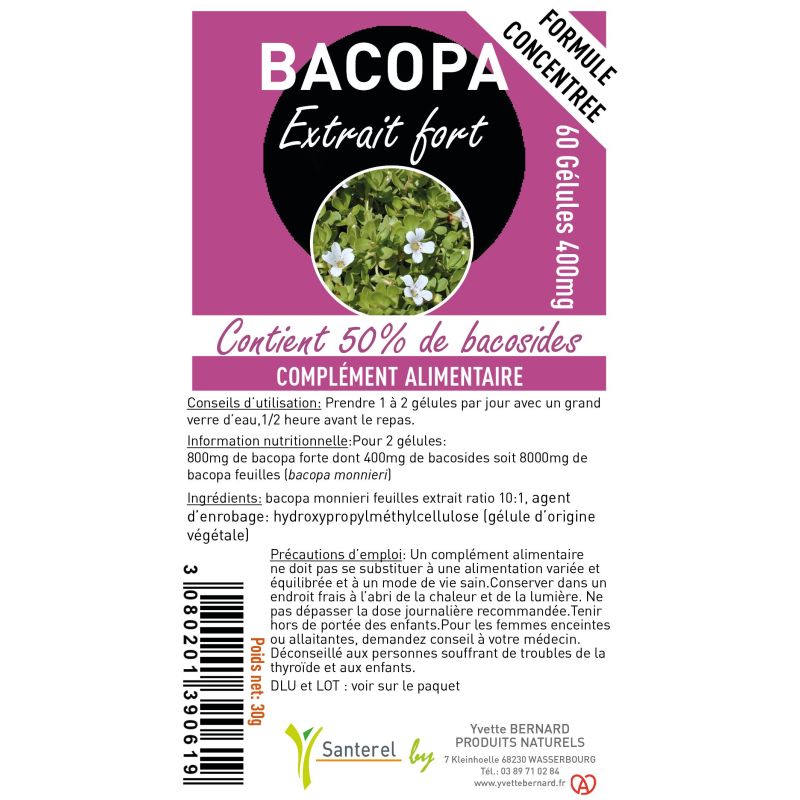 Bacopa Extrait Fort 400mg | 50% Bacosides | Santerel