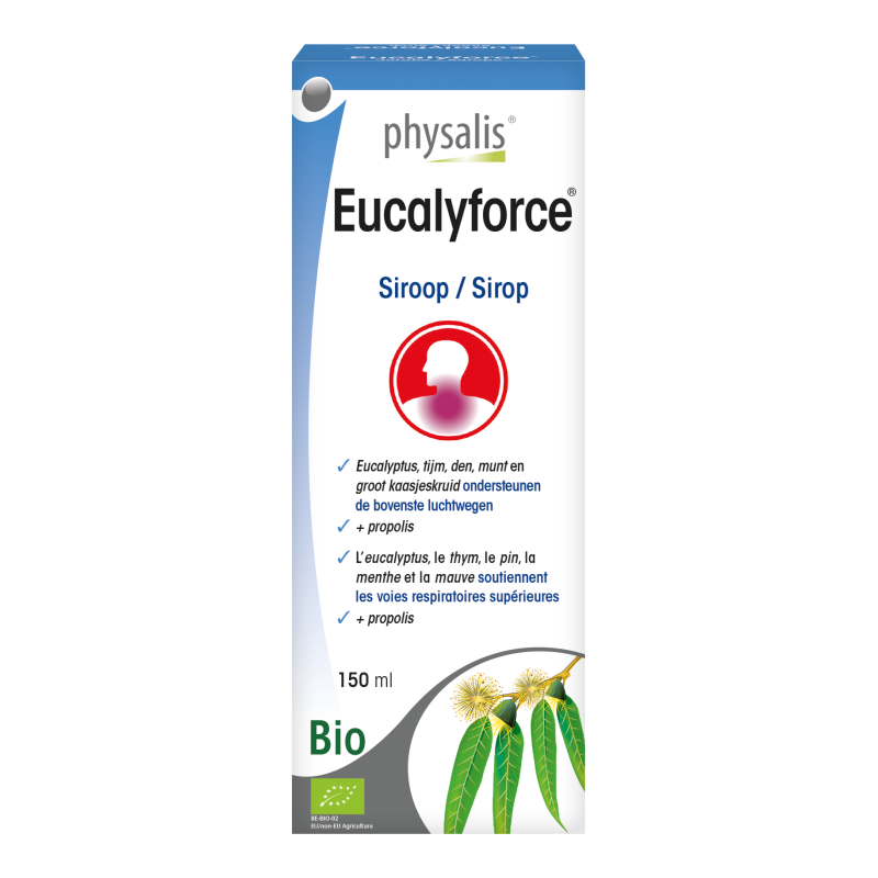 SIROP BIO EUCALYFORCE SANS SUCRE 150ml aux huiles essentielles eucalyptus, thym, pin, menthe, géranium du cap & PROPOLIS