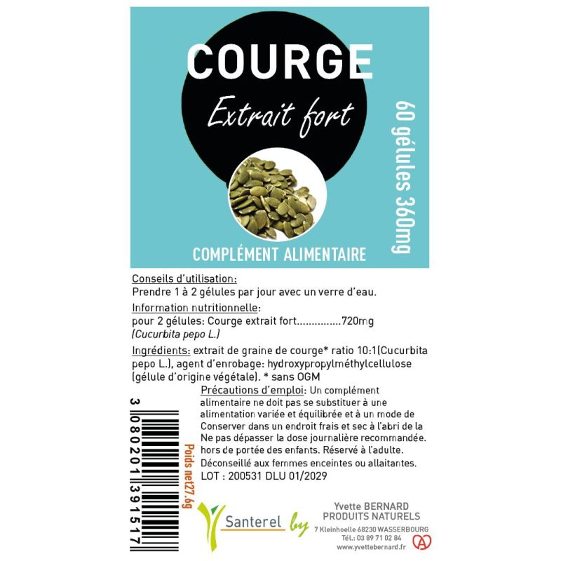 Courge Extrait Fort 360mg | Gélules Cucurbita pepo | Santerel