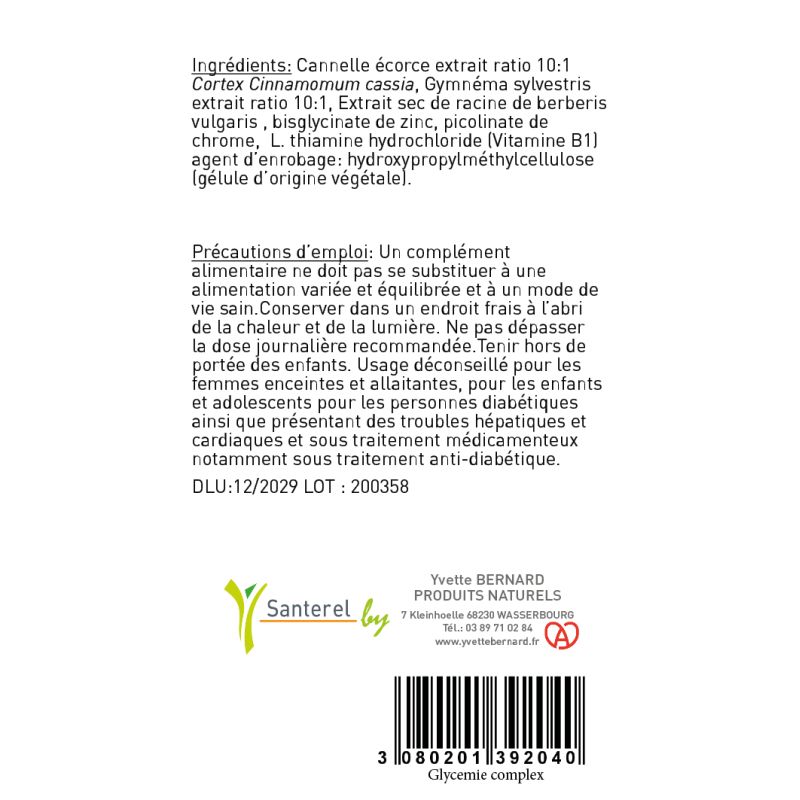 Glycémie Complex 360mg | 60 Gélules Chrome, Zinc | Santerel