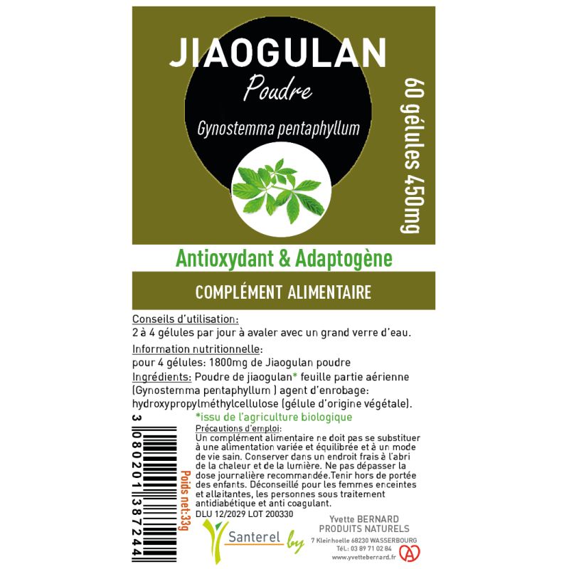 Jiaogulan Poudre 450mg | 60 Gélules Bio | Santerel