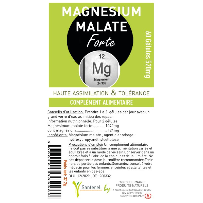 Magnesium Malate Fort 520mg | 60 Gélules | Santerel