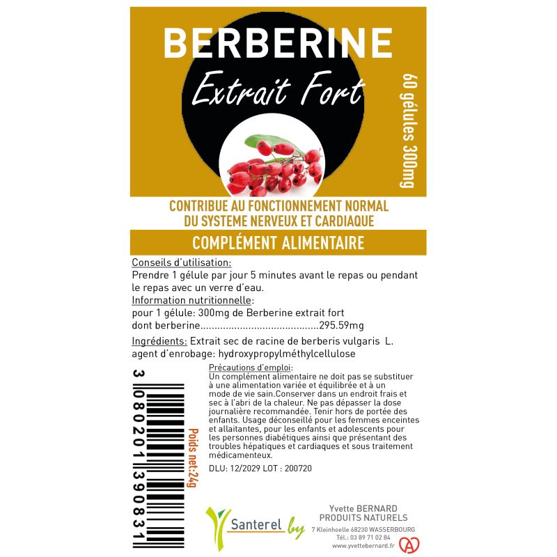 Berbérine Extrait Fort 300mg | 60 Gélules | Santerel