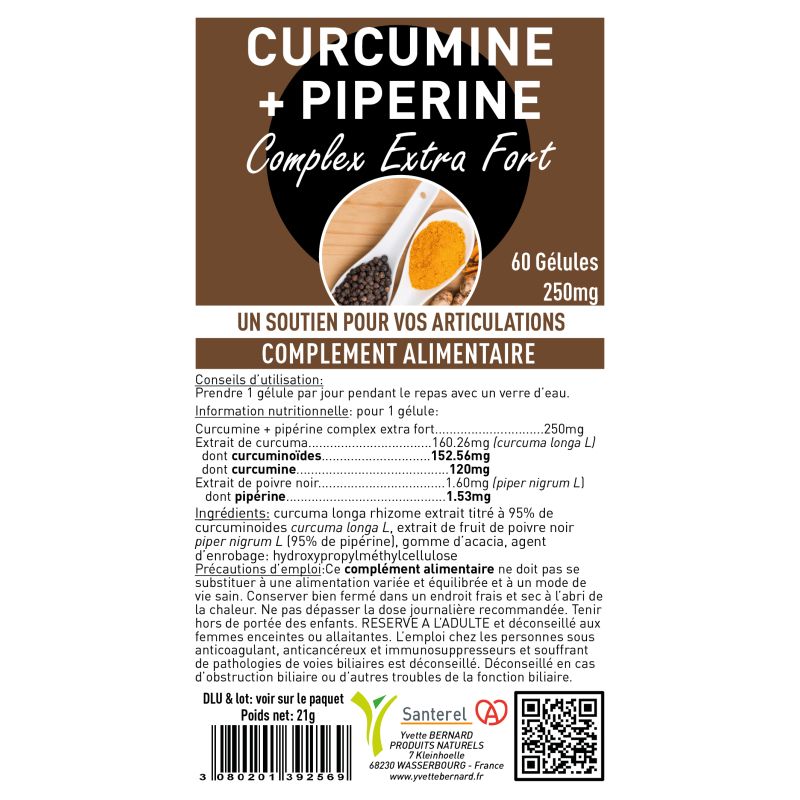Curcumine + Pipérine Extra Fort 250mg | 60 Gélules | Santerel