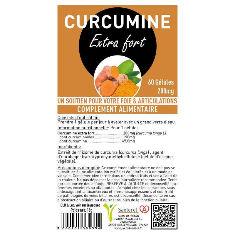 Curcumine Extra Fort 200mg | 60 Gélules Curcuma | Santerel