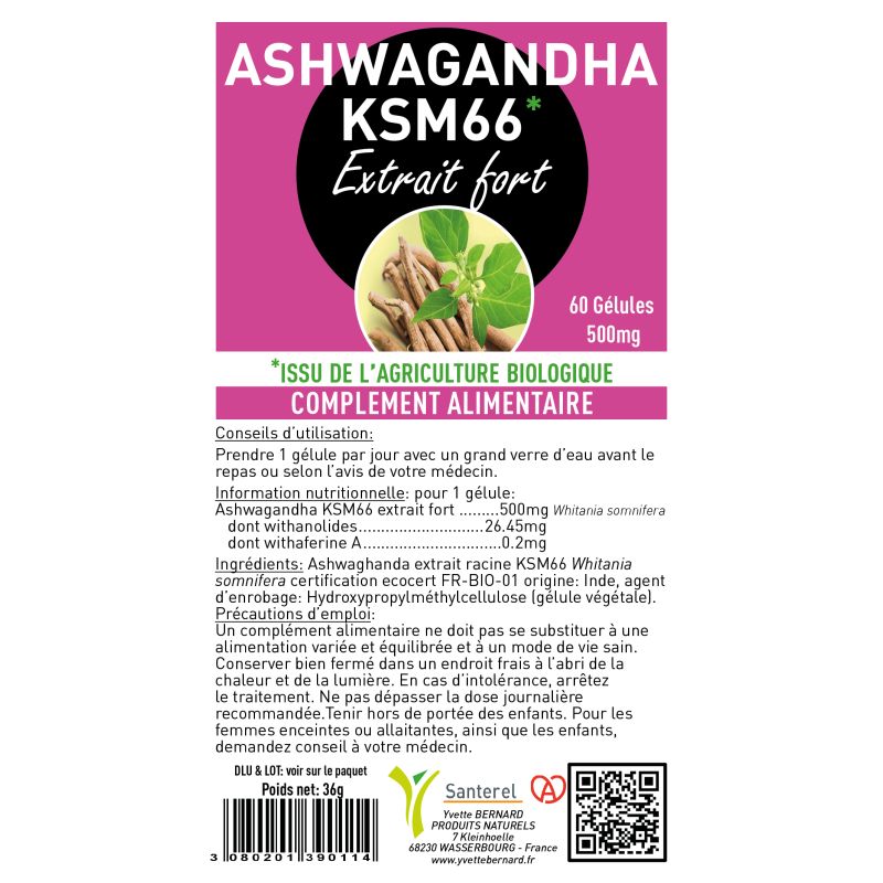 Ashwagandha KSM66 Extrait Fort 500mg | Bio | Santerel