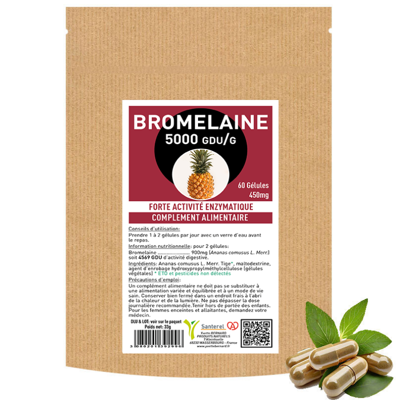 BROMELAINE - 60 gélules 450mg - activité enzymatique 5000GDU/g - SANTEREL