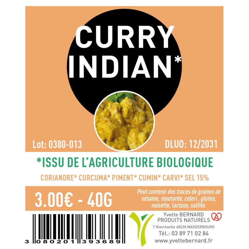 CURRY INDIAN 40G Issu de l'agriculture biologique