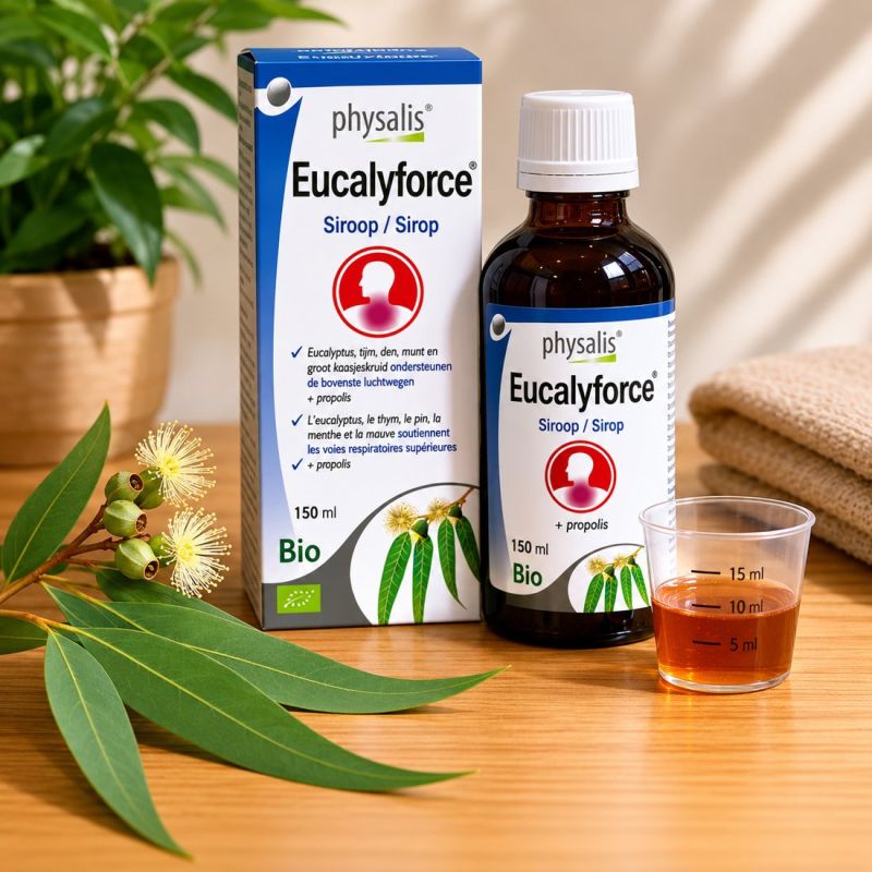 SIROP BIO EUCALYFORCE SANS SUCRE 150ml aux huiles essentielles eucalyptus, thym, pin, menthe, géranium du cap & PROPOLIS