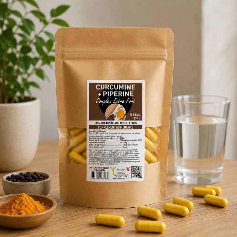 CURCUMINE + PIPERINE COMPLEX EXTRA FORT 60 gélules 250mg - Curcuma, Curcuminoïdes, Poivre noir - SANTEREL