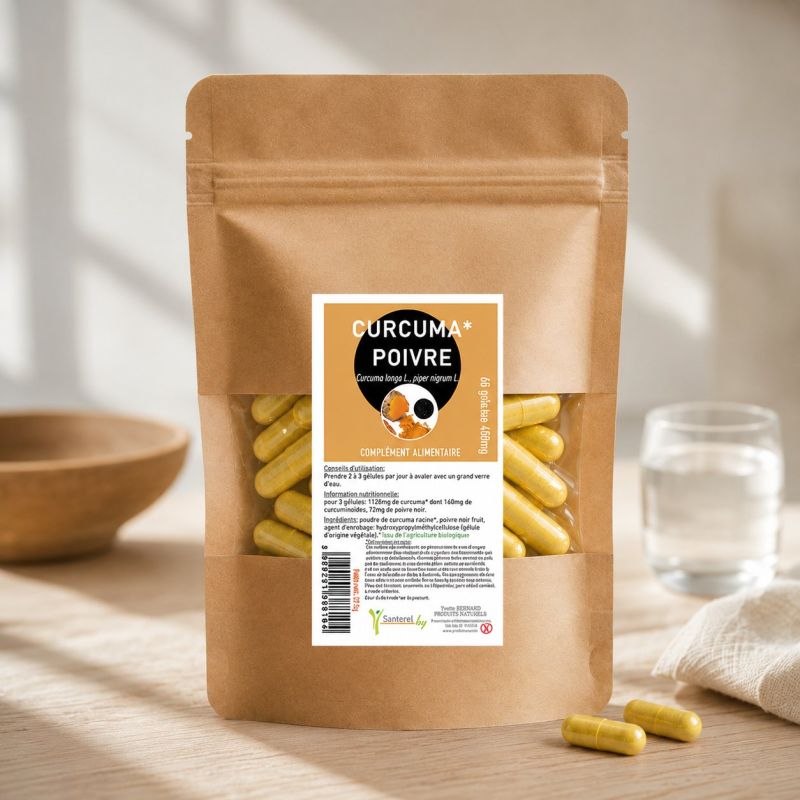 CURCUMA POIVRE poudre 60 gélules 400mg - Curcuma, Poivre noir  - SANTEREL