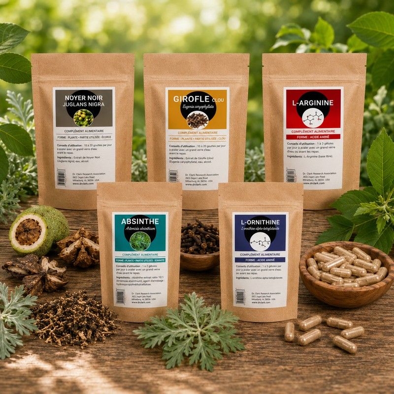 Pack antiparasitaire CLARK: Absinthe, Noyer Noir, Girofle, Arginine, Ornitine | Santerel