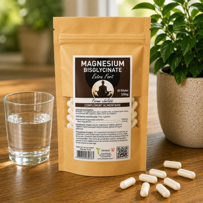 MAGNESIUM BISGLYCINATE EXTRA FORT 60 gélules 520mg - Forme Chélatée - SANTEREL